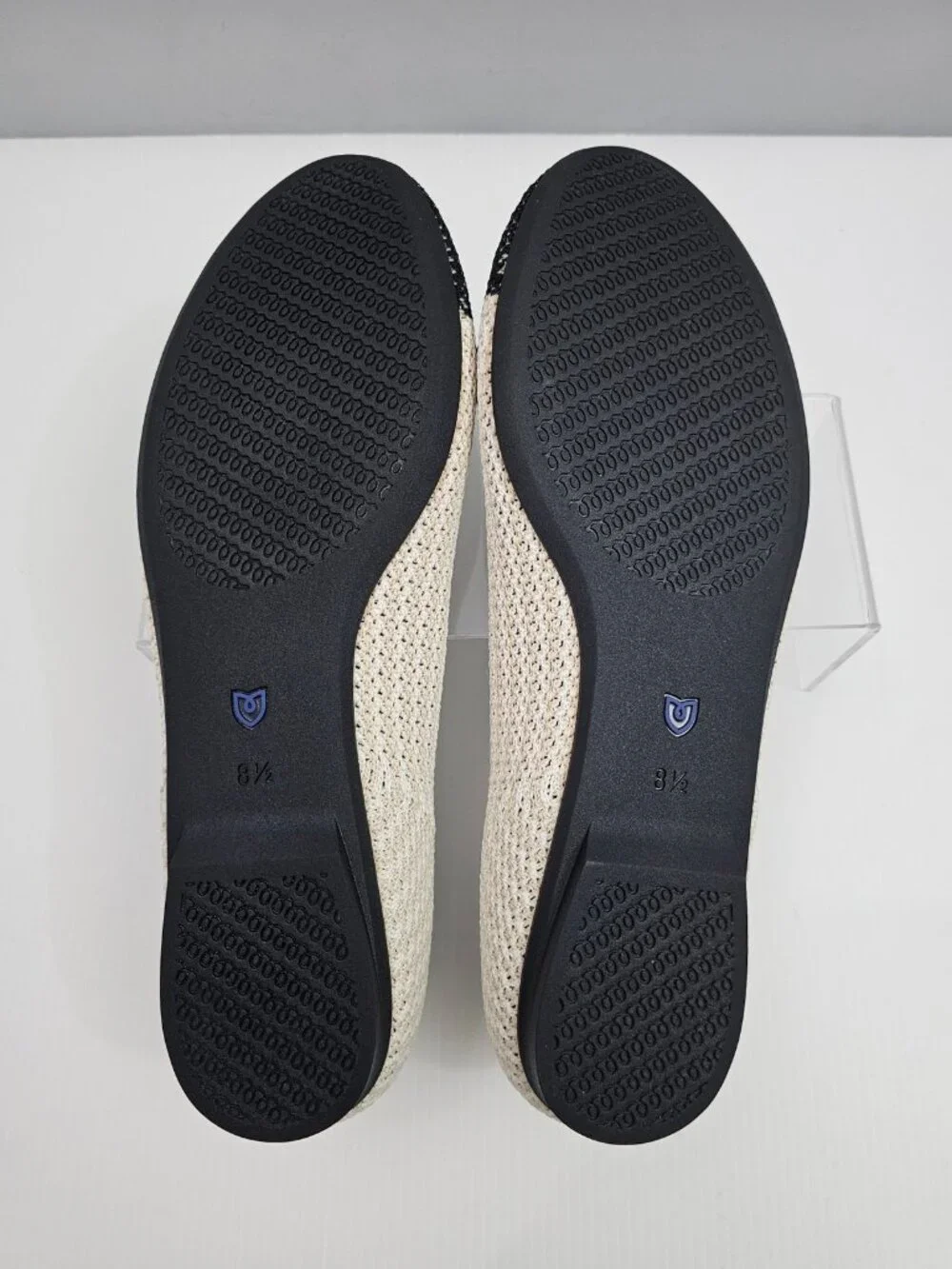 Rothy's The Ballet Flat Coco Cream Black Knit Toe Cap Bow Washable Womens 8.5